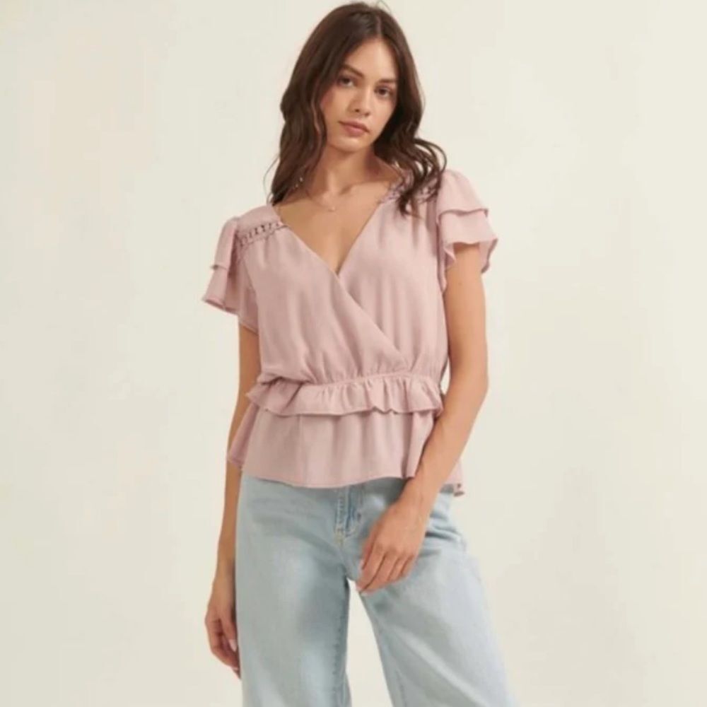 Ruffle Surplice Flutter Sleeve Blouse